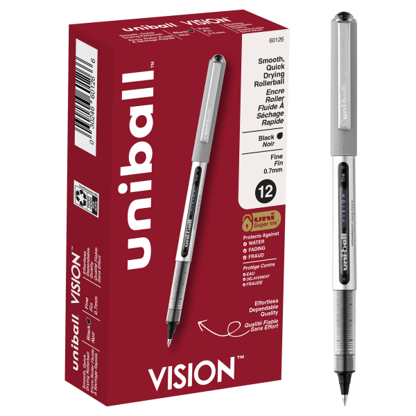 Uniball Vision Rollerball Pens  Fine Point (0.7mm)  Black Ink  12 Count