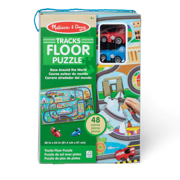 Melissa & Doug Race Around the World Tracks Cardboard Jigsaw Floor Puzzle and Wind-Up Vehicles – 48pc