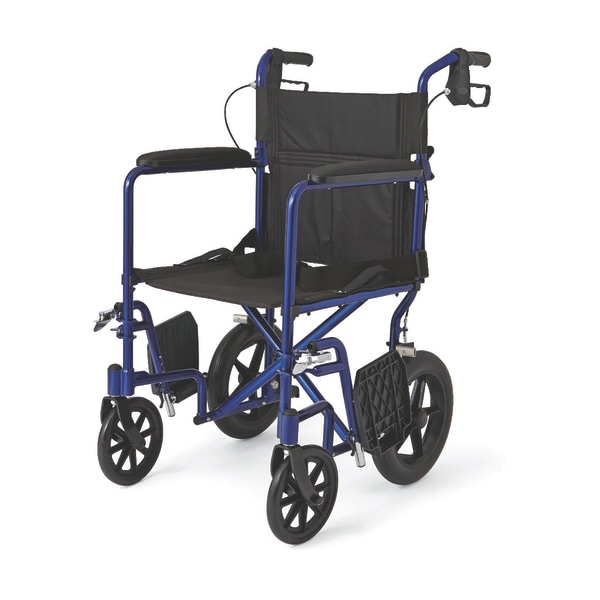 Medline Lightweight Transport Wheelchair with 12  Wheels  Swing Away Footrests & Permanent Full-Length Arms  Blue Frame