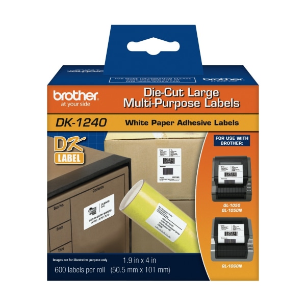 Brother Genuine DK-1240 Die-Cut Large Multi-Purpose White Paper Labels for Brother QL Label Printers  1.9  x 4  (50.5mm x 101mm)  600 Labels per Roll  DK1240