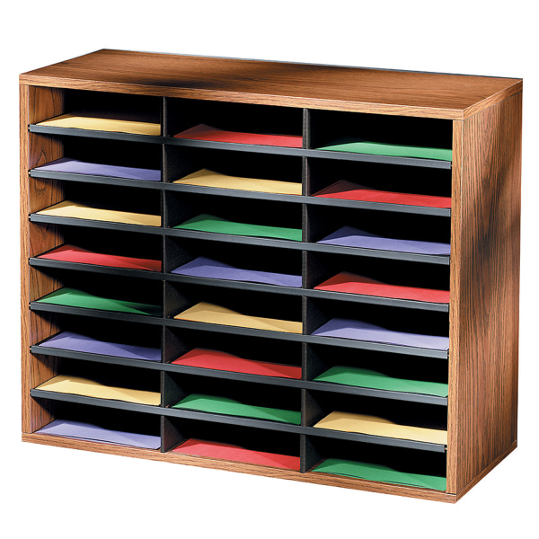 Fellowes Literature Organizer  24 Letter Sections  29 x 11 7/8 x 23 7/16  Medium Oak  Wood Tabletop