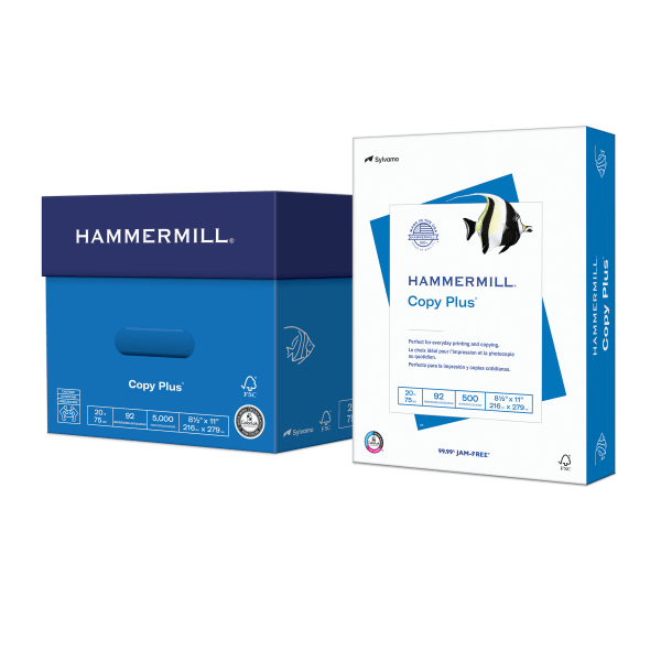 Hammermill Copy Plus Paper  92 Bright  20lb  8-1/2 x 11  White  5000 Sheets/Carton