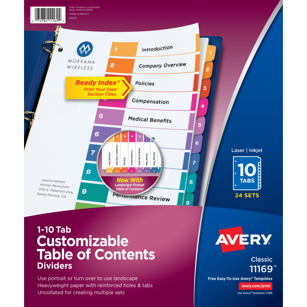 Avery Ready Index Table/Contents Dividers, 10-Tab, 1-10, Letter,