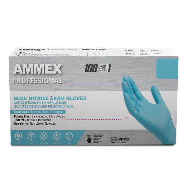 AMMEX Blue Nitrile Disposable Exam Gloves  3 Mil  Medium  100/Box