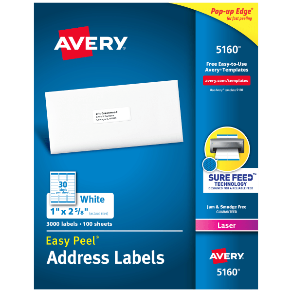 Avery Easy Peel Mailing Address Labels Laser 1 x 2 5/8 White 3000/Box 5160