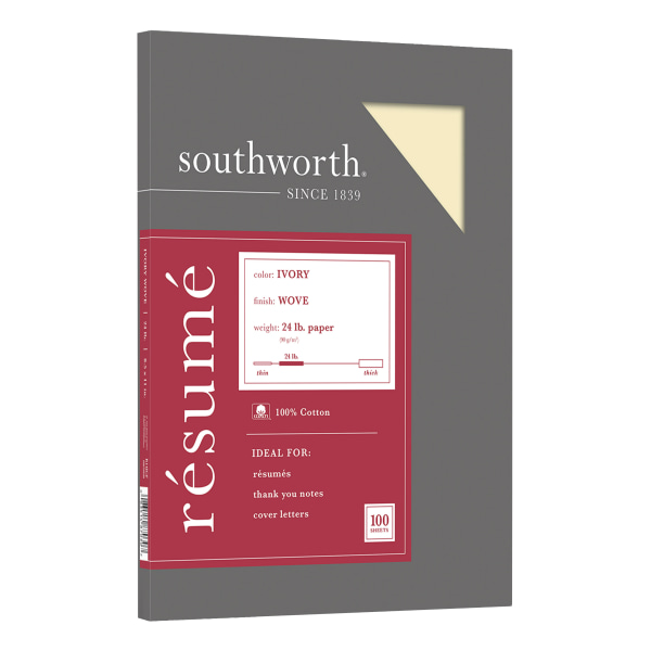Southworth 100% Cotton Resume Paper 24 lb 8.5 x 11 Ivory 100 Sheets