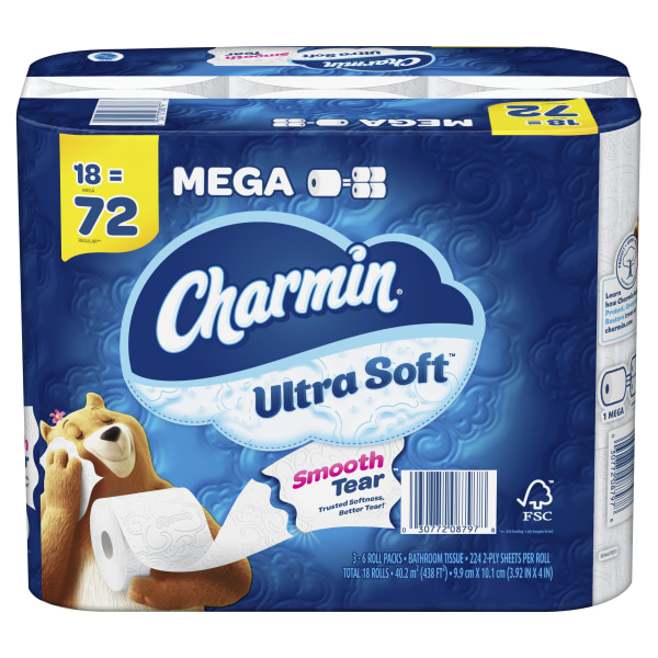 Charmin Ultra Soft 2-Ply Mega Roll Toilet Paper, 4" x 4", White, 224 Sheets Per Roll, Pack Of 18 Rolls