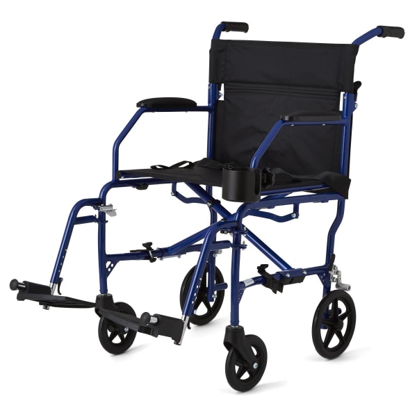 Medline Ultra Lightweight Transport Wheelchair for Adults  Foldable  19-Inch Seat Width  Blue Frame  Black Upholstery