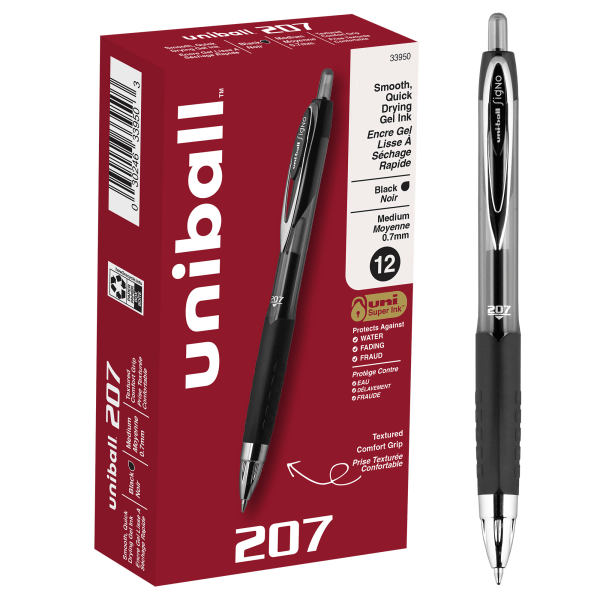 Uniball 207 Retractable Gel Pens  Medium Point (0.7mm)  Black Ink  12 Count