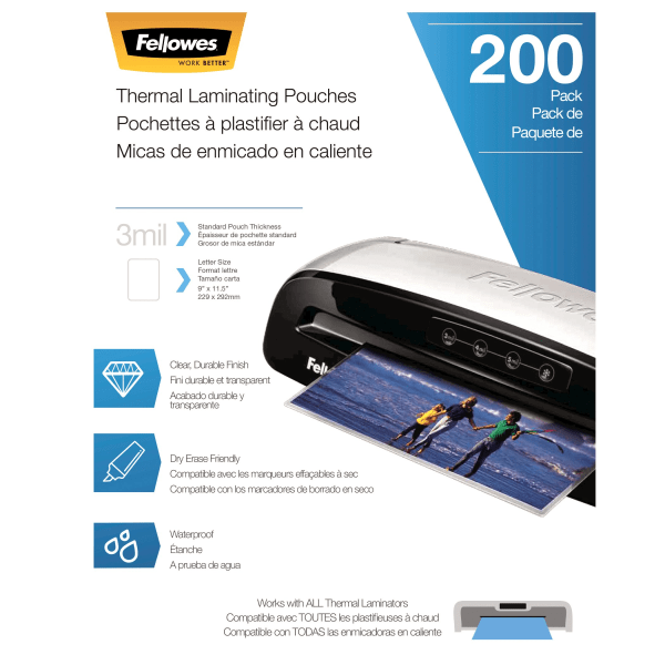 Fellowes Laminating Pouches  3 Mil  9  x 11.5   Gloss Clear Plastic  200 per Pack