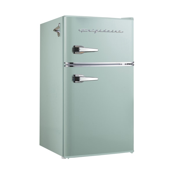 frigidaire 3.2 cu ft 2 door retro fridge with side bottle opener mint: small refrigerator, manual defrost, top door freezer