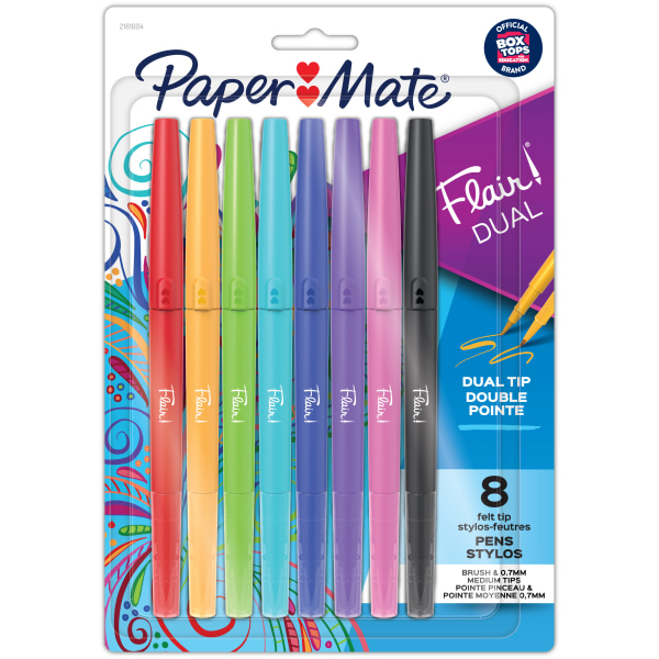 Paper Mate Flair DUAL Felt Tip Pens  Brush and Medium Tips  Assorted Colors  8 Count