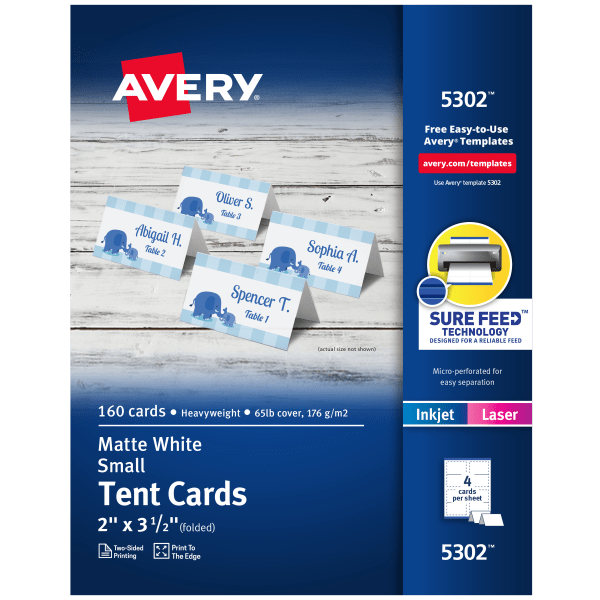 Avery&reg; Inkjet/Laser Tent Cards, 2&quot; x 3 1/2&quot;, White, Box Of 160 AVE5302