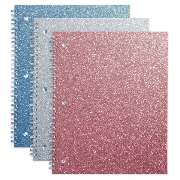 Office Depot&reg; Brand Glitter 3-Hole-Punched Notebook, 8&quot; x 10 1/2&quot;, Wide Ruled, 160 Pages (80 Sheets), Assorted Colors 596014
