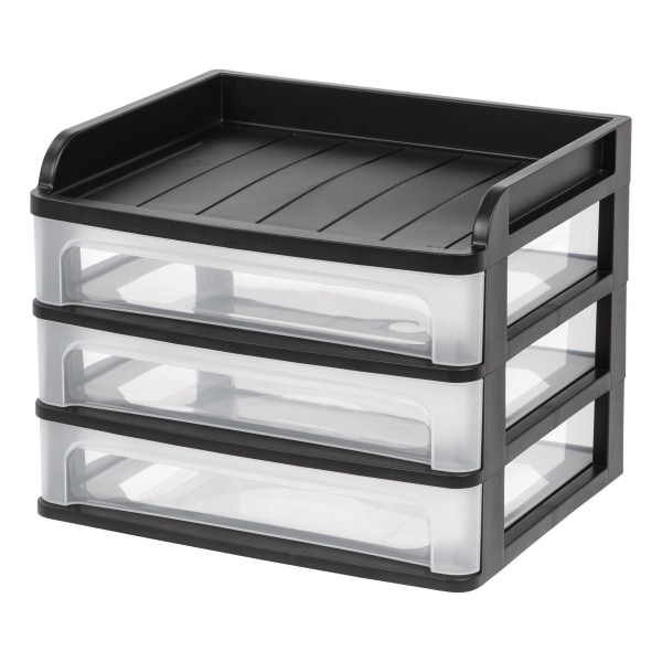 IRIS USA Medium 3-Drawer Desktop Organizer with Open Tray Top  1 Pack  Plastic Drawer Storage Container for Stationery Art Craft Supplies  Black