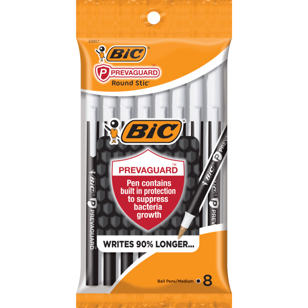 BIC PrevaGuard Round Stic Pens  Built-in Protection to Suppress Bacteria Growth  Black  8 Count
