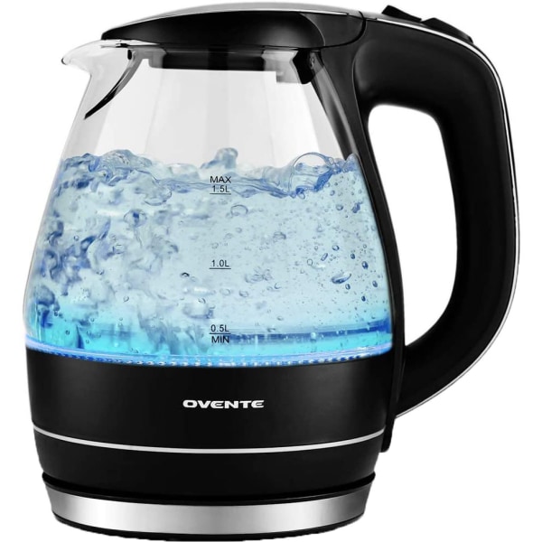 OVENTE Glass Electric Kettle Hot Water Boiler 1.5 Liter Borosilicate Glass Fast Boiling Countertop Heater - BPA Free Auto Shut Off Instant Water Heater Kettle for Coffee & Tea Maker - Black KG83B