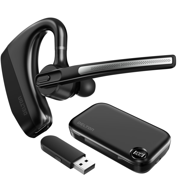 delton wireless headset  bluetooth earpiece with noise canceling microphone  battery display charging case usb dongle for pc/laptop/mac/phones  compatible with ms teams  google meet  and more - black