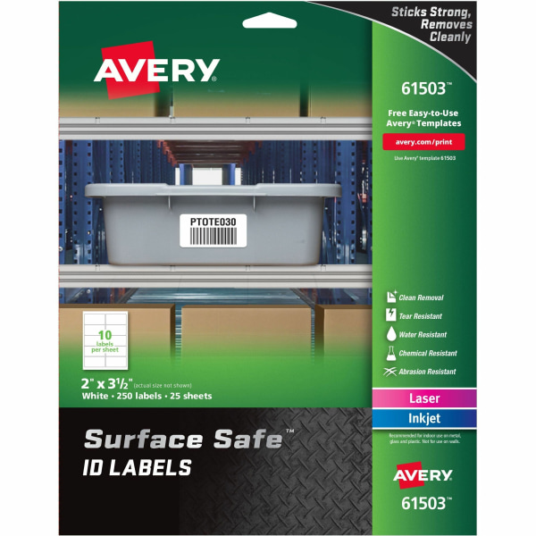 Avery Surface Safe ID Labels  2  x 3-1/2   Water Resistant  Matte White  Removable Adhesive  250 Labels (61503)