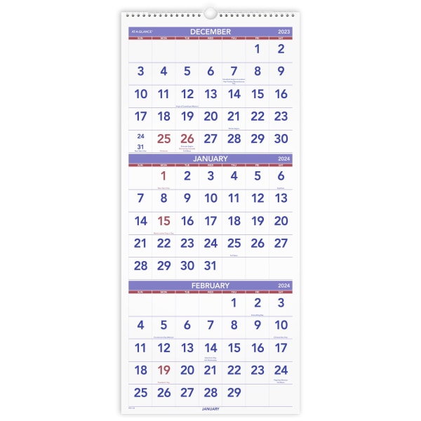 AT-A-GLANCE 2024 Three Month Reference Vertical Wall Calendar Large 12 x 27 -