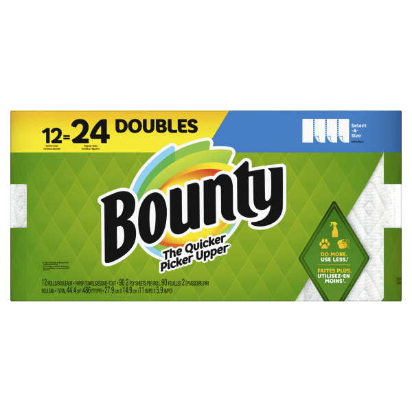 Bounty Select-A-Size 2-Ply Paper Towels, Double Rolls, White, 90 Sheets Per Roll, Pack Of 12 Rolls