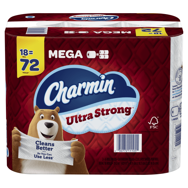 Charmin Ultra Strong Toilet Paper Mega Rolls, 4" x 3-15/16", White, 220 Sheets Per Roll, Pack Of 18 Mega Rolls