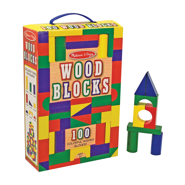 Melissa & Doug Wooden Building Blocks Set - 100 Blocks in 4 Colors and 9 Shapes