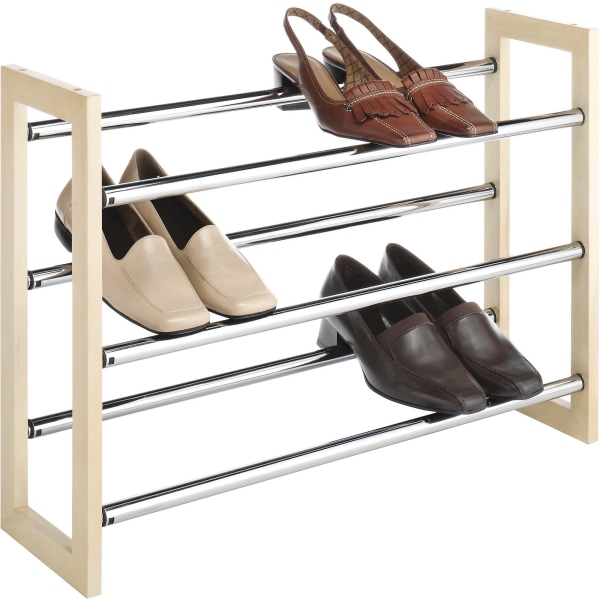 Whitmor 3-Tier Expandable Stackable 18 Pair Shoe Rack  Metal and Wood  Natural Wood and Chrome