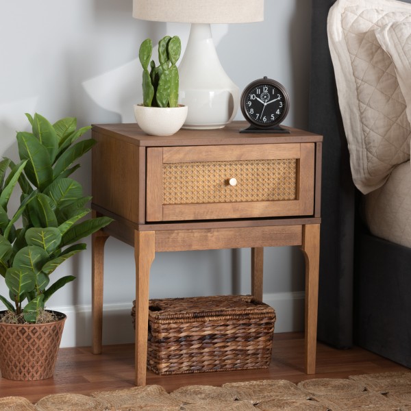 Baxton Studio Ramiel Ash Walnut Finished Wood and Rattan 1-Drawer Nightstand