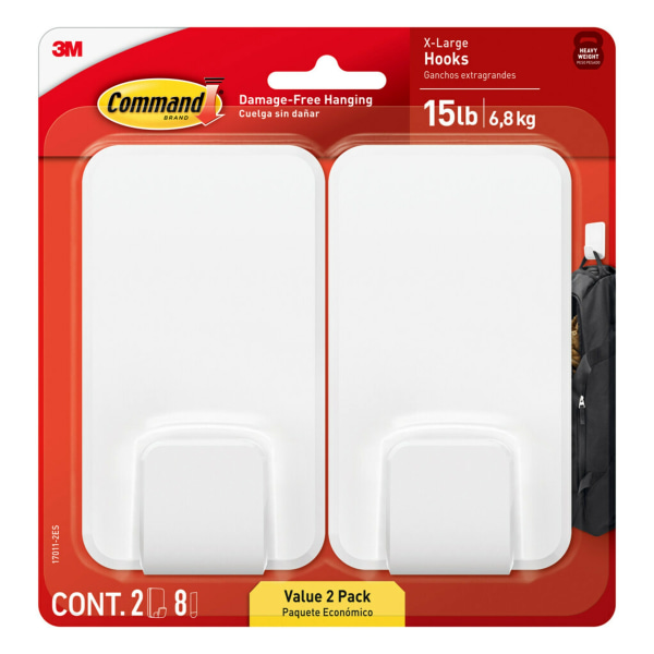 Command Jumbo Double Hook: Heavy Duty Adhesive Hooks, 15 lb Capacity, White, 2 Pack