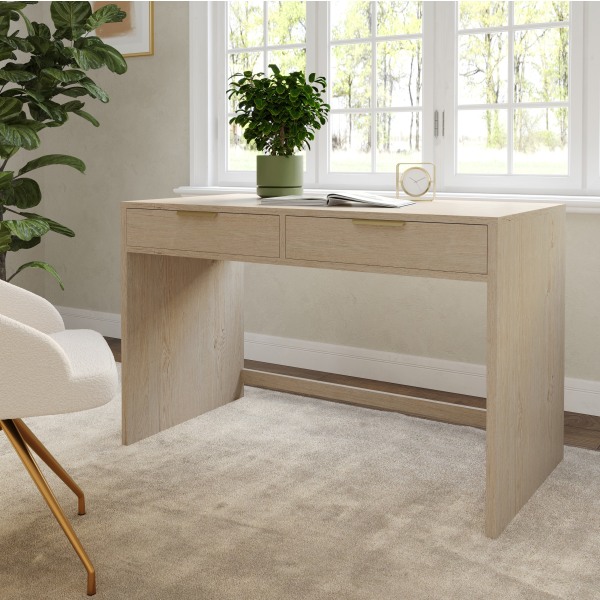 Martha Stewart Kayden Home Office Modular 2 Drawer Desk, Light Natural Frame/Brushed Gold Hardware