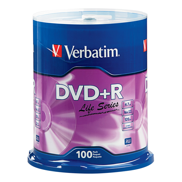 Verbatim Life Series DVD+R 4.7GB 16x Recordable Blank Disc 100 Pack Spindle