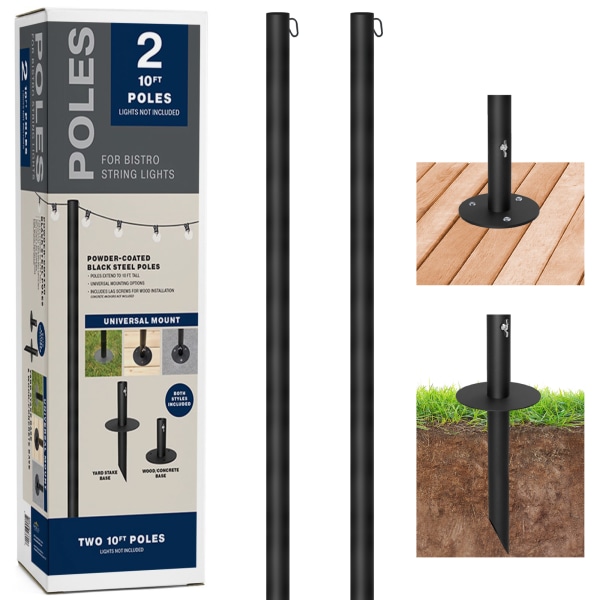 excello global products - bistro string light pole - 2 pack - extends to 10 feet - universal mounting options - black