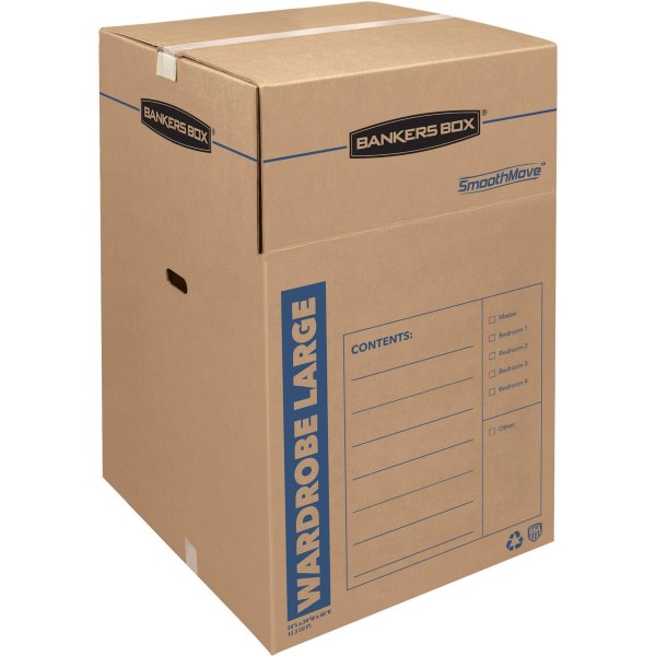 Bankers Box SmoothMove Wardrobe Boxes, 24l x 24w x 40h, Kraft/Blue, 3/Carton, Brown