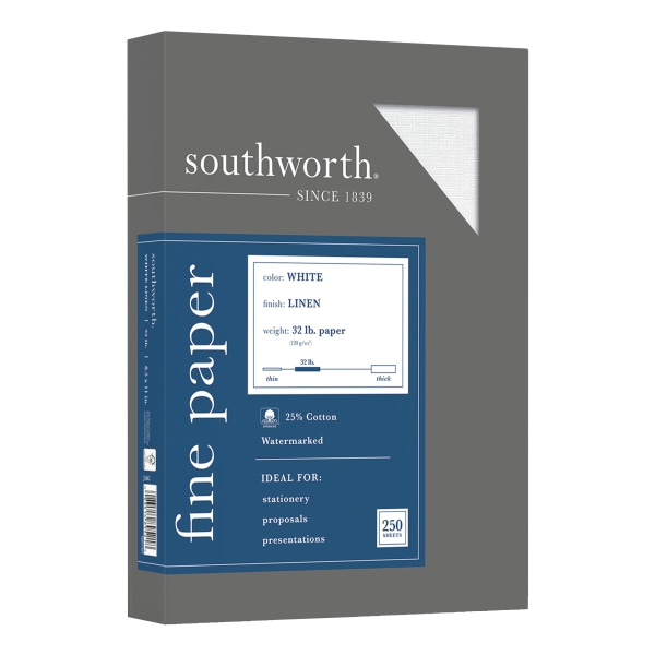 Southworth 25% Cotton Linen Business Paper, 8.5 x 11 Inches, 32 lb, White, 250 Sheets per Box (J558C)