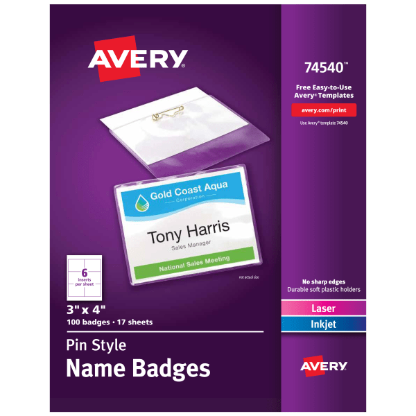 Avery Customizable Name Badges with Pins  3  x 4   100 Pin Badge Holders and Printable Name Tag Inserts (74540)