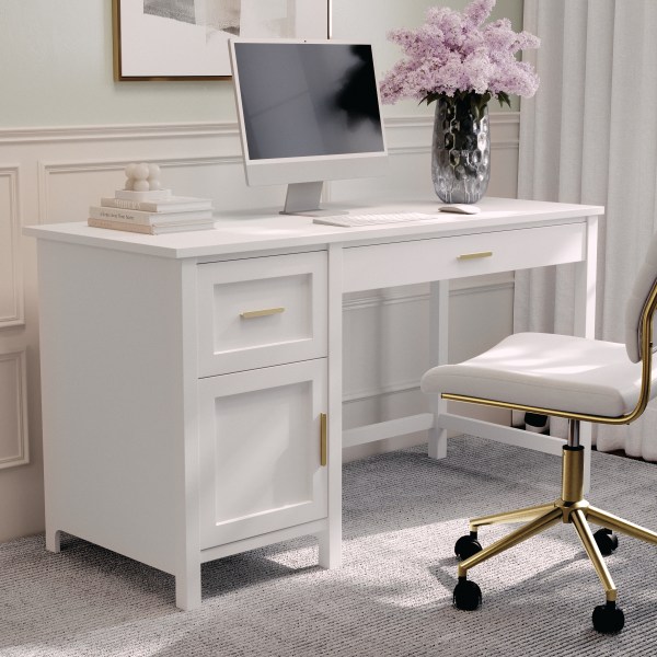 Martha Stewart Hutton Shaker Style 54"W Home Office Computer Desk With Storage, White/Polished Brass