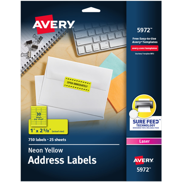 Avery Neon Address Labels with Sure Feed for Laser Printers 1 x 2 5/8 750 Yellow Labels (5972)