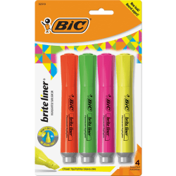 BIC Brite Liner Grip Highlighters, Chisel Tip, Assorted Colors, Pack Of 4 Highlighters