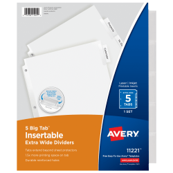 Avery® Big Tab™ Extra-Wide Insertable Dividers, Clear Reinforced, White/Clear, 5-Tab