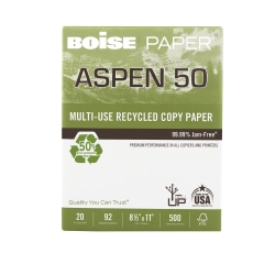 Boise® ASPEN® 50 Multi-Use Printer & Copier Paper, Letter Size (8 1/2" x 11"), Ream Of 500 Sheets, 92 (U.S.) Brightness, 20 Lb, 50% Recycled, FSC® Certified, White