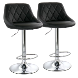 Elama Diamond-Stitched Faux Leather Bar Stools, Black/Chrome, Set Of 2 Stools