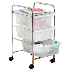 Honey-Can-Do Plastic/Steel 3-Drawer Rolling Storage Cart, 37 7/16" x 15 5/16" x 13", White/Chrome