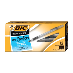BIC Round Stic Grip Xtra Comfort Ballpoint Pens, Medium Point, 1.2 mm, Gray Barrel, Black Ink, Pack Of 12 Pens