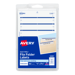 Avery® File Folder Labels On 4" x 6" Sheet With Easy Peel, 5200, Rectangle, 2/3" x 3-7/16", White With Blue Color Bar, Pack Of 252 Labels