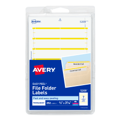 Avery® File Folder Labels On 4" x 6" Sheet With Easy Peel, 5209, Rectanlge, 2/3" x 3-7/16", White With Yellow Color Bar, Pack Of 252 Labels
