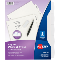 Avery® Durable Write-On Plastic Dividers With Erasable Tabs, 8 1/2" x 11", White, 5 Tabs