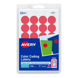 Avery® Removable Color-Coding Labels, 5466, Round, 3/4" Diameter, Red, Pack Of 1,008