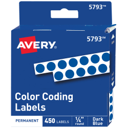 Avery® Color-Coding Permanent Labels, Non-Printable, 5793, Round, 1/4" Diameter, Dark Blue, Pack Of 450 Dot Stickers