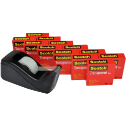 Scotch Transparent Tape with Dispenser, 3/4 in x 1000 in, 12 Tape Rolls, 1 Tape Dispenser, Home Office and School Supplies